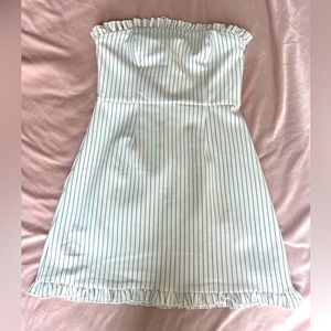 White pinstripe Lulus strapless mini dress with ruffled edges. Size M